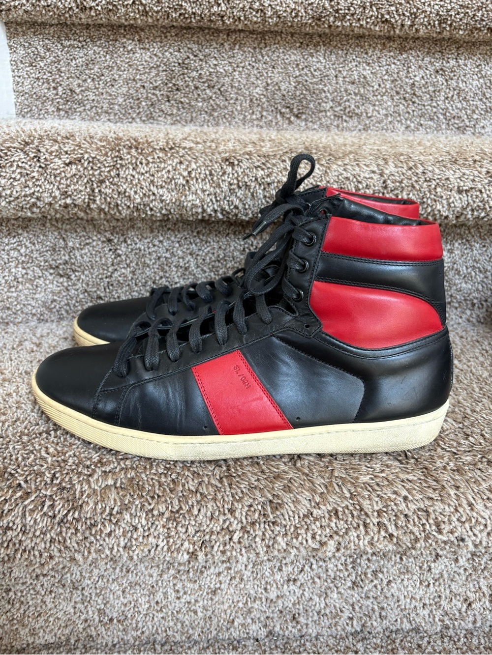 Saint Laurent Red and Black Leather Men's Boots with Gold Stamped Logo